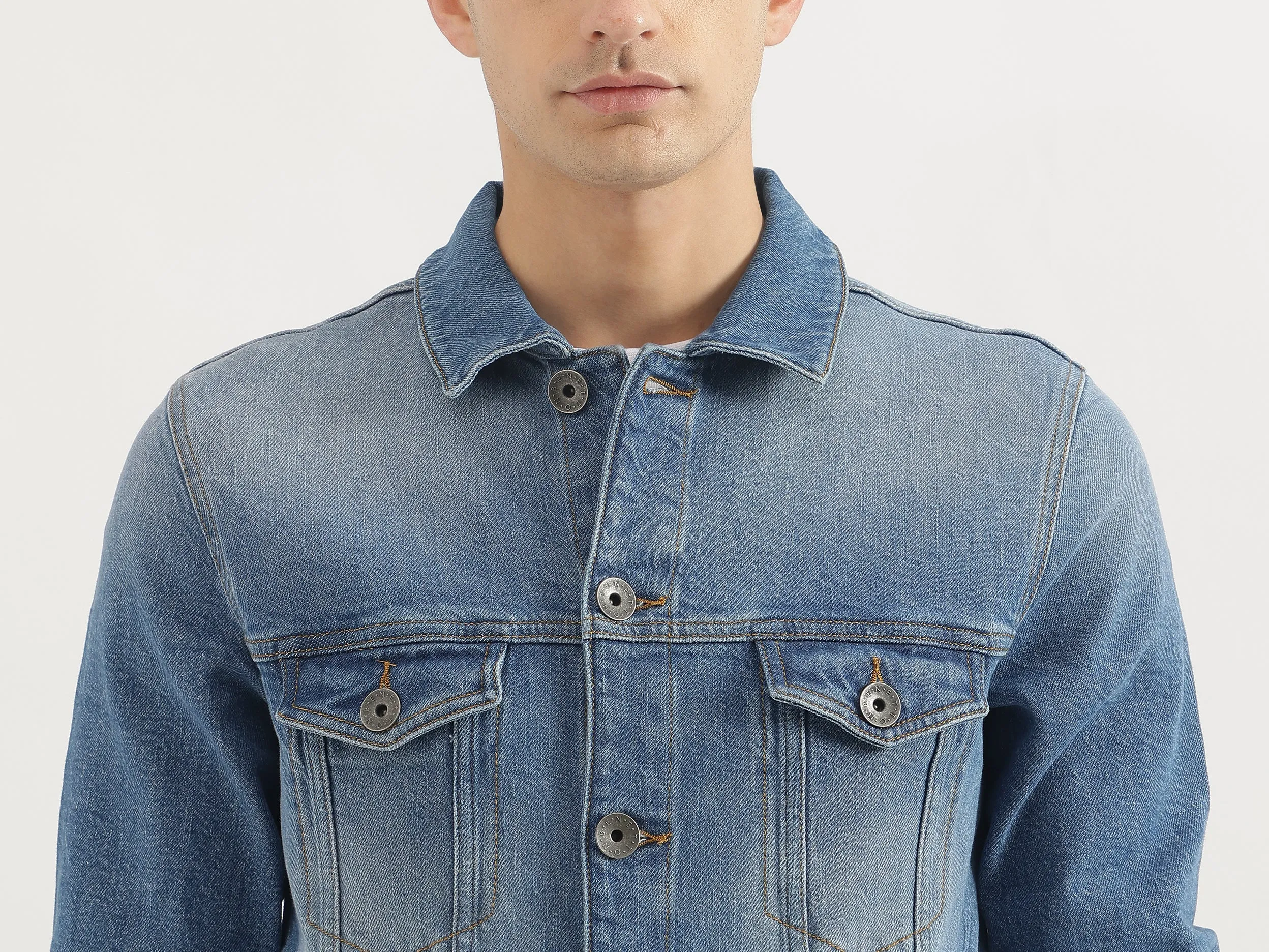Slim Fit Spread Collar Solid Denim Jacket