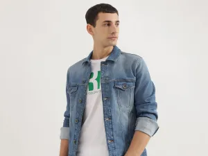 Slim Fit Spread Collar Solid Denim Jacket