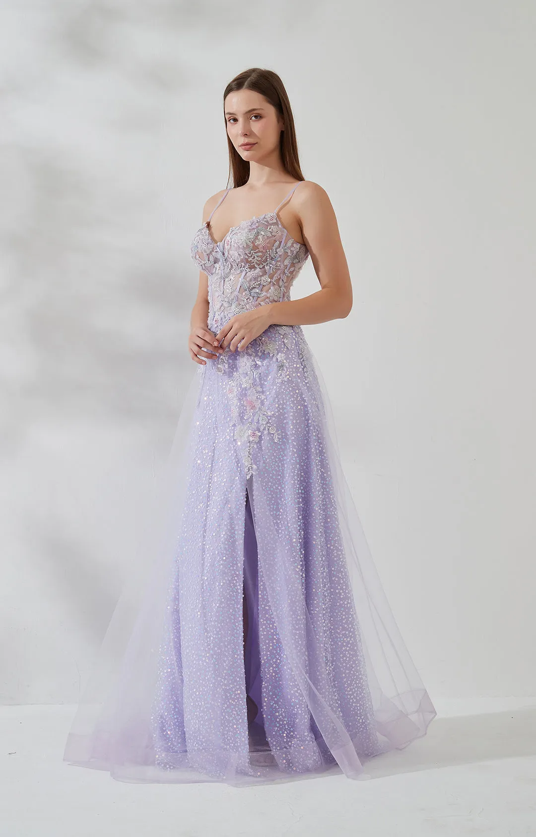 Spaghetti Straps 3D Flower Sequin Front Split Floor-length Prom Dress