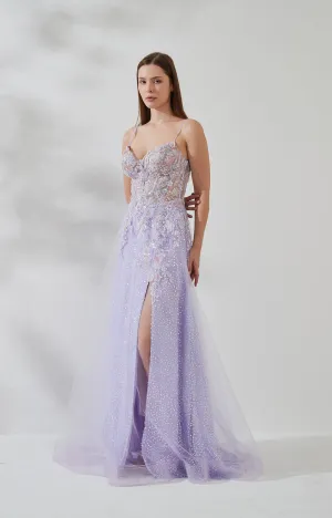 Spaghetti Straps 3D Flower Sequin Front Split Floor-length Prom Dress