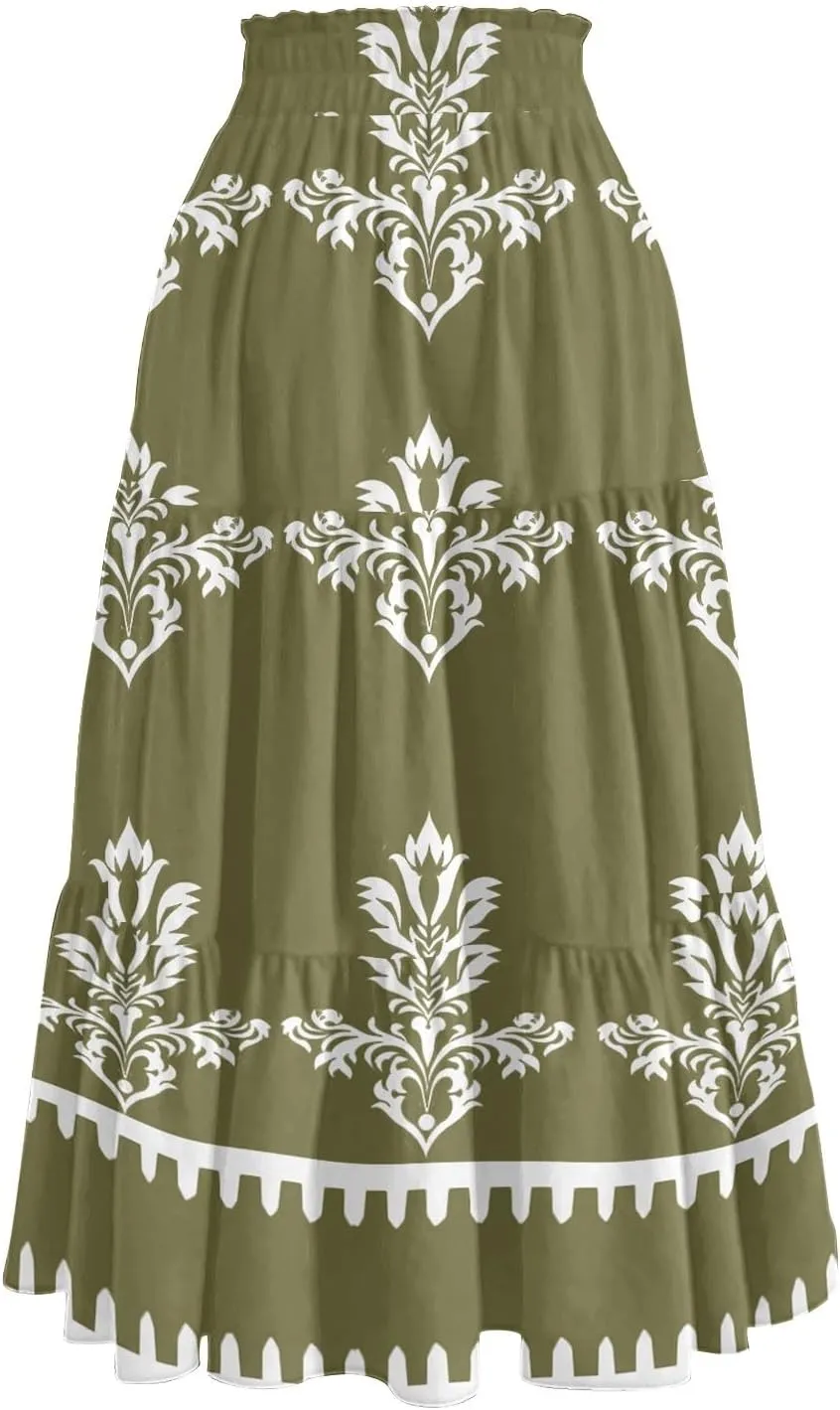 Spring Midi Skirts for Women Floral Beach Flowy Boho Skirt Tiered Pleated Swing A Line Elastic High Waisted Skirt