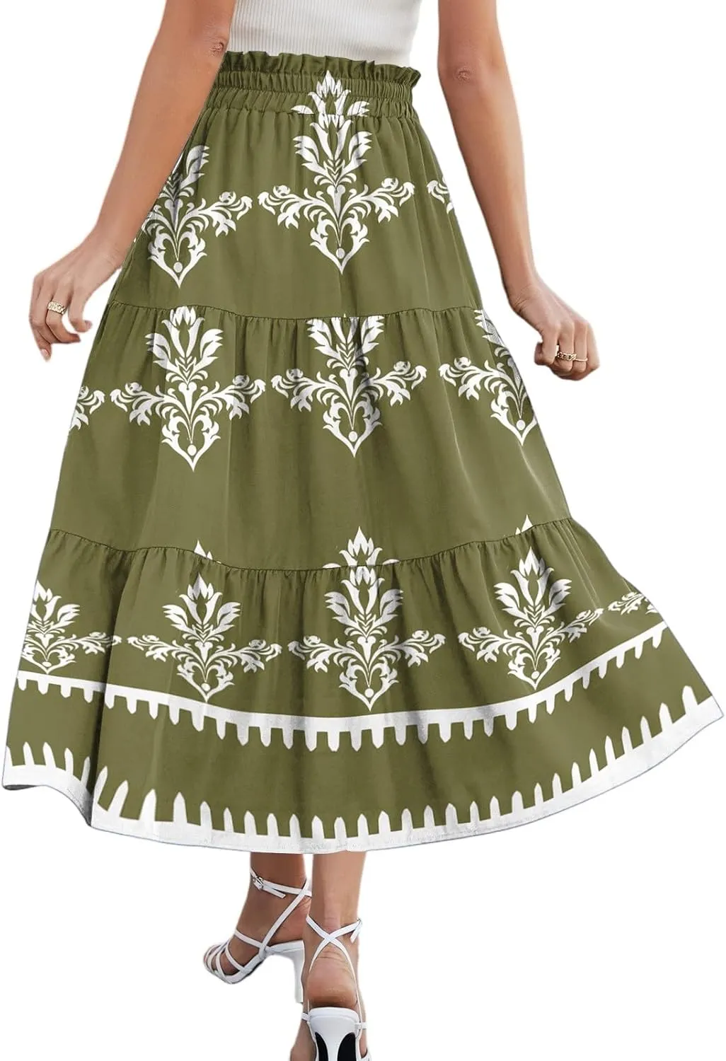 Spring Midi Skirts for Women Floral Beach Flowy Boho Skirt Tiered Pleated Swing A Line Elastic High Waisted Skirt