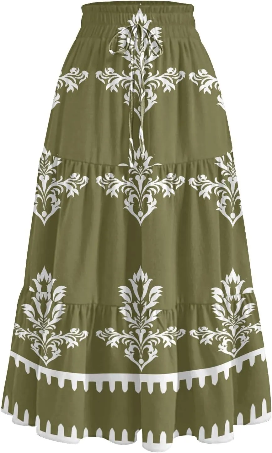 Spring Midi Skirts for Women Floral Beach Flowy Boho Skirt Tiered Pleated Swing A Line Elastic High Waisted Skirt