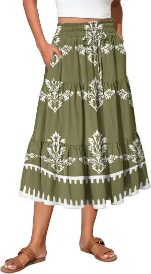 Spring Midi Skirts for Women Floral Beach Flowy Boho Skirt Tiered Pleated Swing A Line Elastic High Waisted Skirt