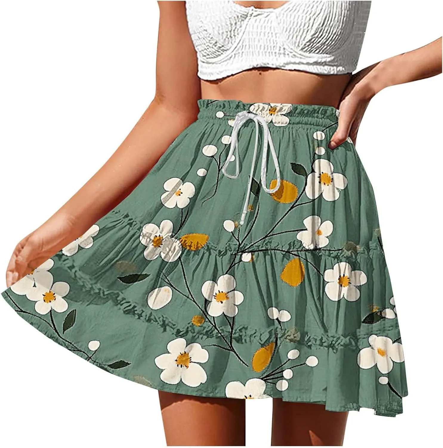 Summer Beach Mini Skirt for Women, Fashion Boho Floral Print Ruched Casual Skirts Tie Drawstring Vacation Trendy Clothes