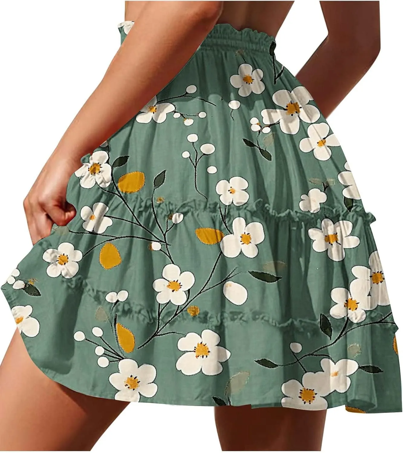 Summer Beach Mini Skirt for Women, Fashion Boho Floral Print Ruched Casual Skirts Tie Drawstring Vacation Trendy Clothes