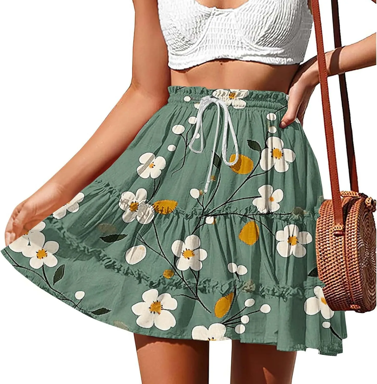 Summer Beach Mini Skirt for Women, Fashion Boho Floral Print Ruched Casual Skirts Tie Drawstring Vacation Trendy Clothes