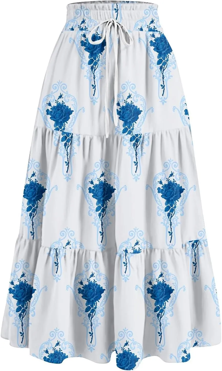 Summer Skirts for Women 2025 Vacation Boho Floral Tiered Skirt Drawstring High Waisted Flowy Ruffle A Line Skirt