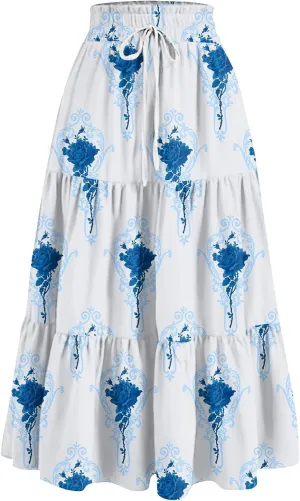 Summer Skirts for Women 2025 Vacation Boho Floral Tiered Skirt Drawstring High Waisted Flowy Ruffle A Line Skirt