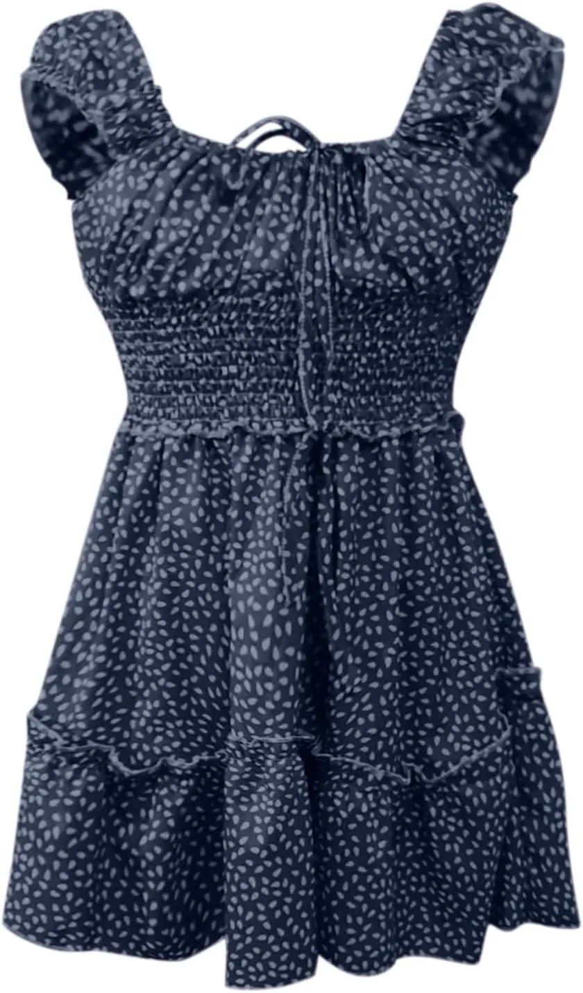 Summer Womens Smocked Dresses Ruffle Floral Tie Front Boho Sundress Sexy Fashion Print Neckline Mini Dress