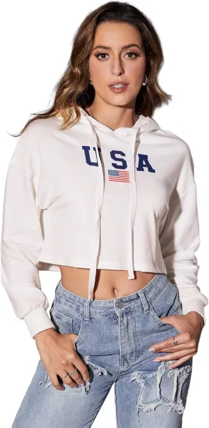 SweatyRocks Women's Letter Print Casual Long Sleeve Crop Top Sweatshirt Hoodies