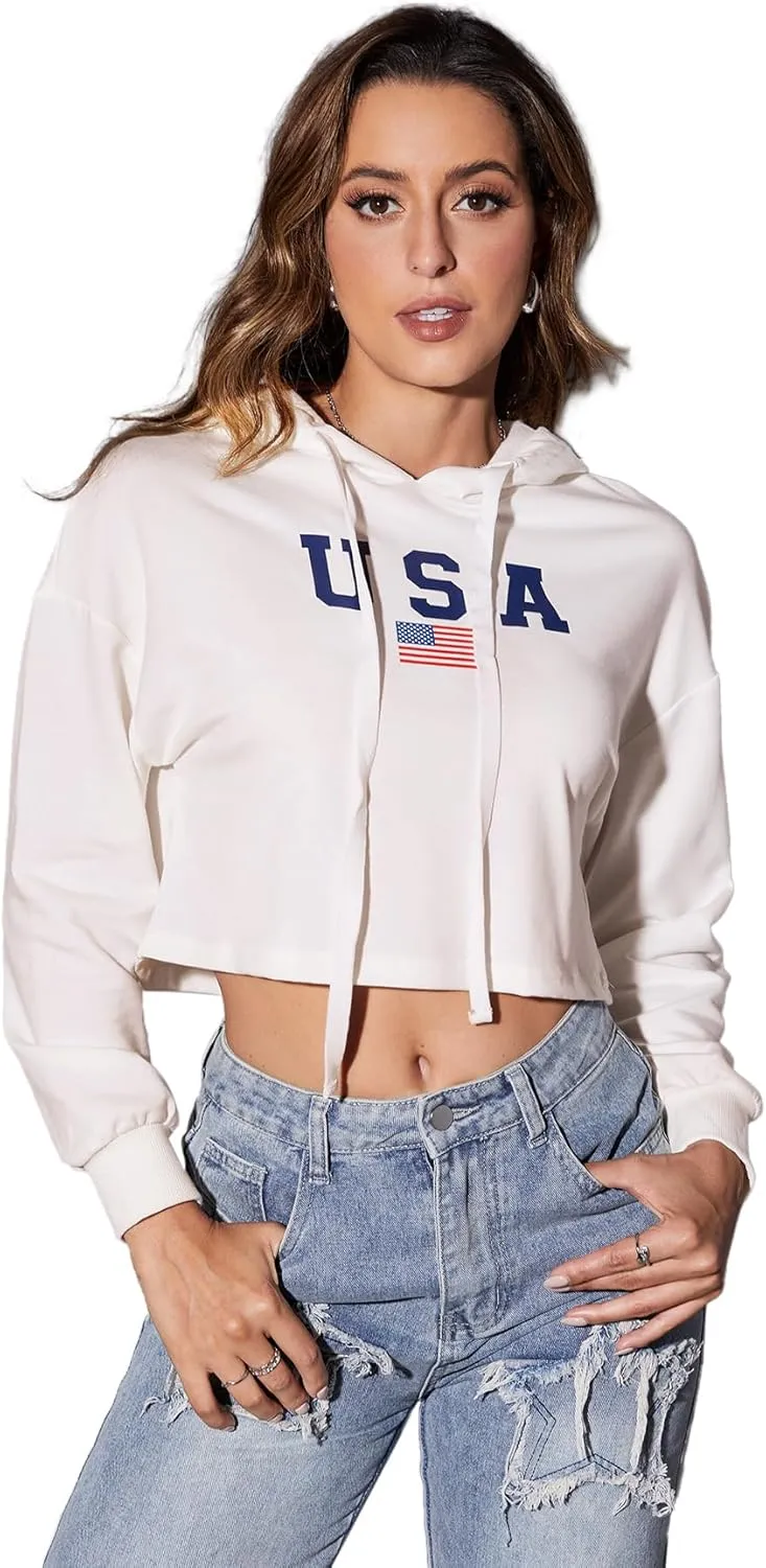 SweatyRocks Women's Letter Print Casual Long Sleeve Crop Top Sweatshirt Hoodies