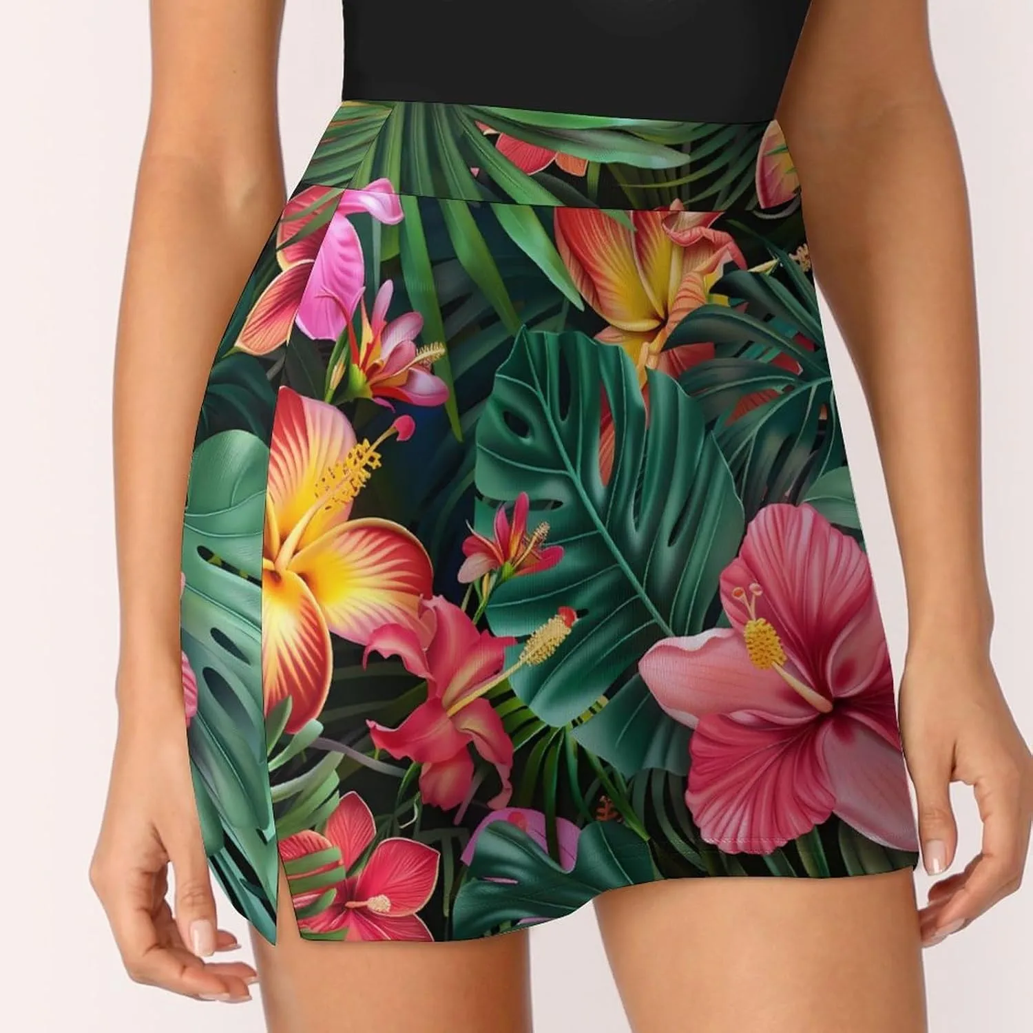 Tropical Floral Print Women's Skort Athletic Skirt Golf Skorts A-line Skirts with Built-in Shorts Pockets