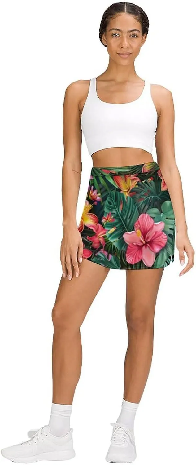 Tropical Floral Print Women's Skort Athletic Skirt Golf Skorts A-line Skirts with Built-in Shorts Pockets