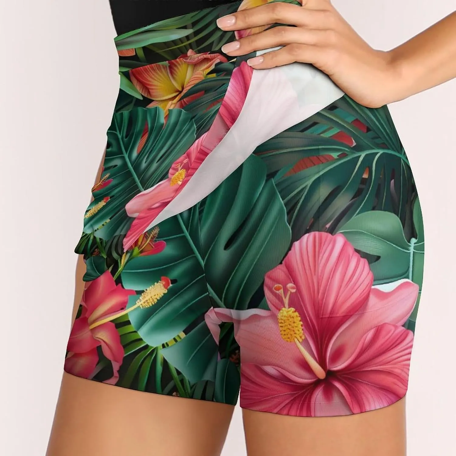 Tropical Floral Print Women's Skort Athletic Skirt Golf Skorts A-line Skirts with Built-in Shorts Pockets