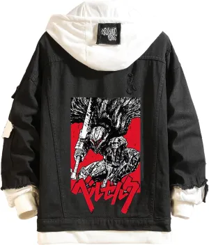 Unisex Anime Berserks Denim Jacket Cosplay Men Trucker Jean Casual Hooded Sweatshirt Coat Halloween Costume