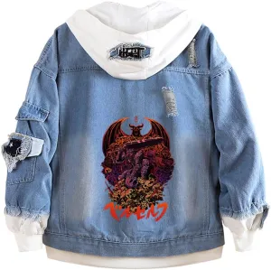 Unisex Anime Berserks Denim Jacket Cosplay Men Trucker Jean Casual Hooded Sweatshirt Coat Halloween Costume