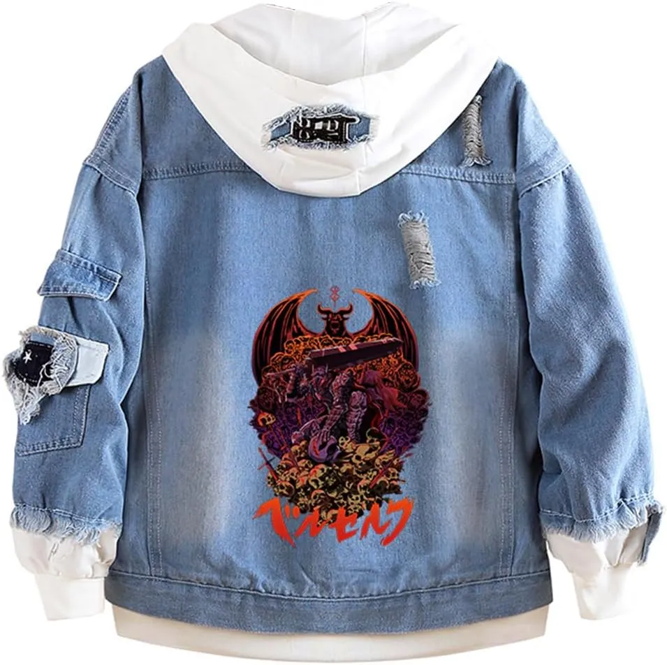 Unisex Anime Berserks Denim Jacket Cosplay Men Trucker Jean Casual Hooded Sweatshirt Coat Halloween Costume