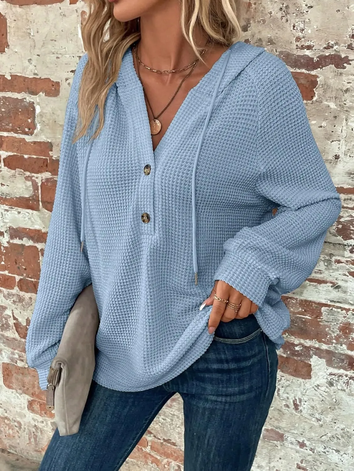 WDIRARA Women's Oversized Hoodies Waffle Knit Sweatshirt V Neck Button Up Hoodie Pullover