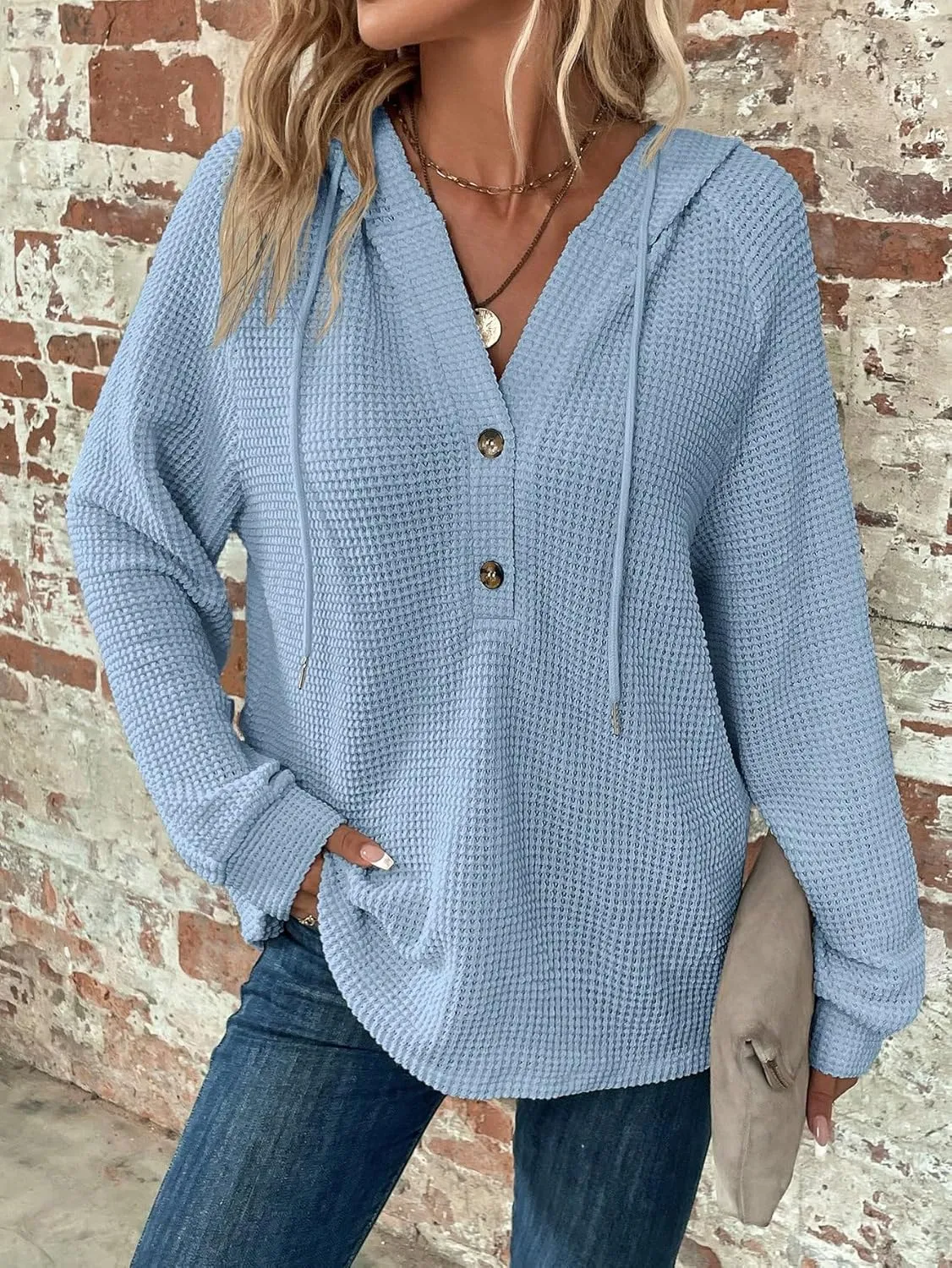 WDIRARA Women's Oversized Hoodies Waffle Knit Sweatshirt V Neck Button Up Hoodie Pullover