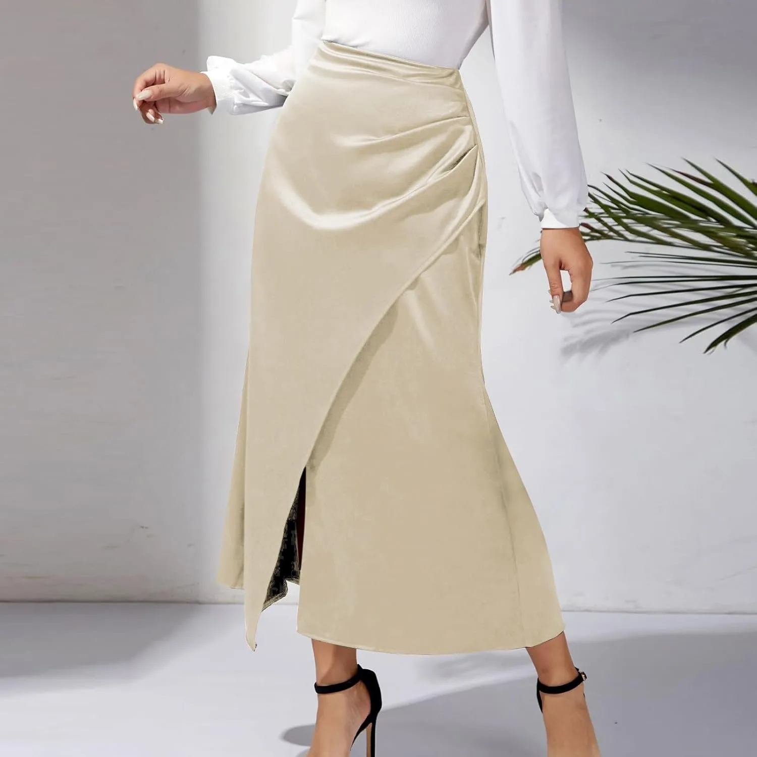 Women Silk Satin Maxi Skirt Trendy Asymmetrical Split Slit Ruched Bodycon Midi Skirt Elegant Party A-Line Wrap Skirt
