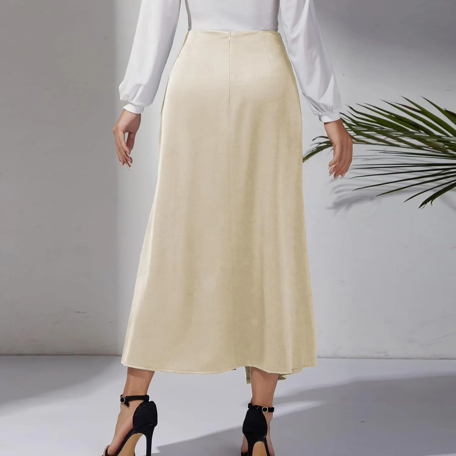 Women Silk Satin Maxi Skirt Trendy Asymmetrical Split Slit Ruched Bodycon Midi Skirt Elegant Party A-Line Wrap Skirt