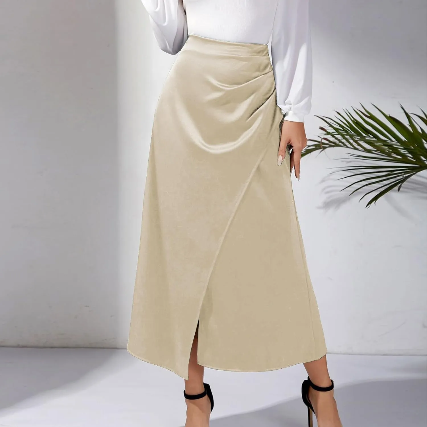 Women Silk Satin Maxi Skirt Trendy Asymmetrical Split Slit Ruched Bodycon Midi Skirt Elegant Party A-Line Wrap Skirt