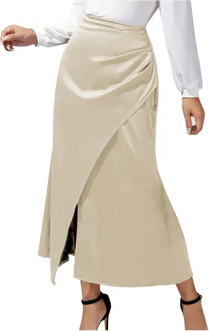 Women Silk Satin Maxi Skirt Trendy Asymmetrical Split Slit Ruched Bodycon Midi Skirt Elegant Party A-Line Wrap Skirt