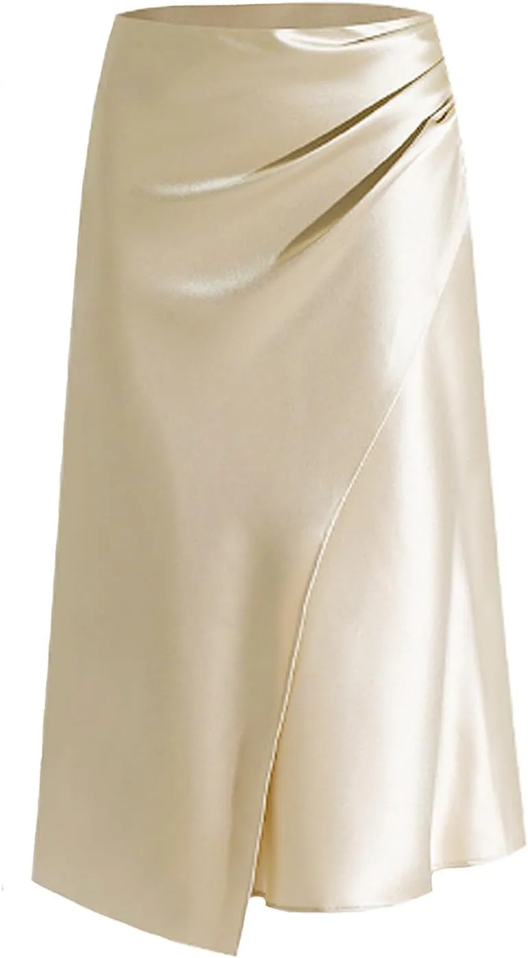 Women Silk Satin Maxi Skirt Trendy Asymmetrical Split Slit Ruched Bodycon Midi Skirt Elegant Party A-Line Wrap Skirt