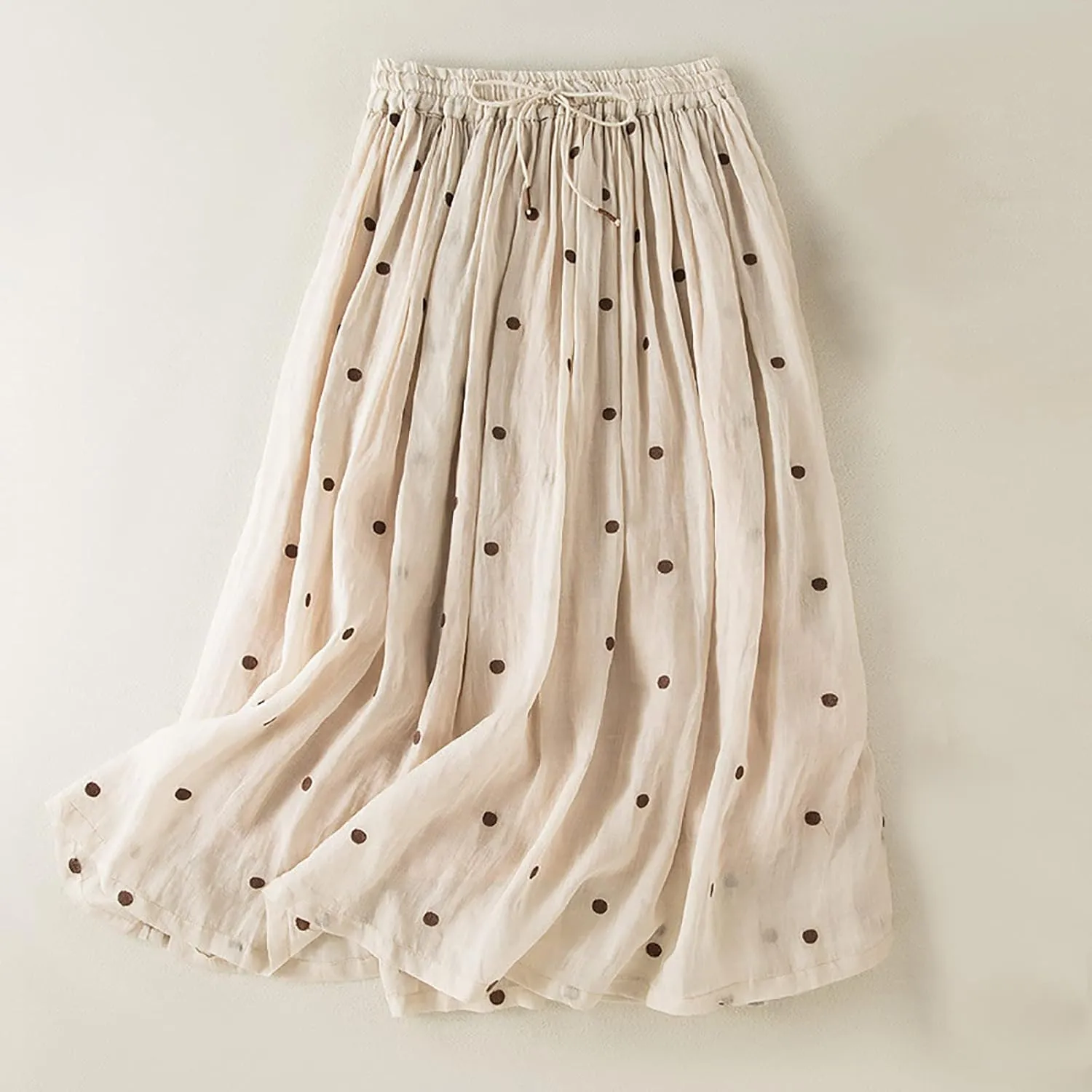 Women's Basic Elastic Waist Pleated Skirts Drawstring Tie Front Midi Skirt Flowy Casual A-Line Swing Skirt Dress