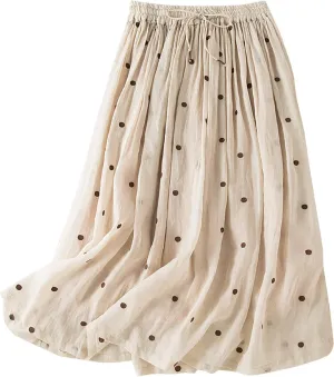 Women's Basic Elastic Waist Pleated Skirts Drawstring Tie Front Midi Skirt Flowy Casual A-Line Swing Skirt Dress