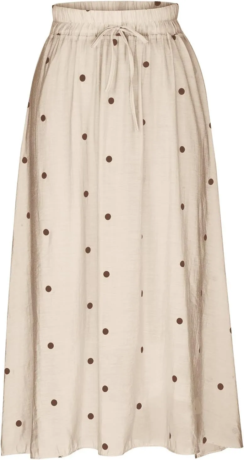 Women's Basic Elastic Waist Pleated Skirts Drawstring Tie Front Midi Skirt Flowy Casual A-Line Swing Skirt Dress
