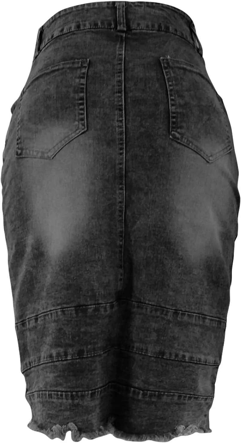 Women's Button Denim Skirts Wrap Bodycon Casual Skirt High Waisted Patchwork Stretch Cute Slit Jean Skirt