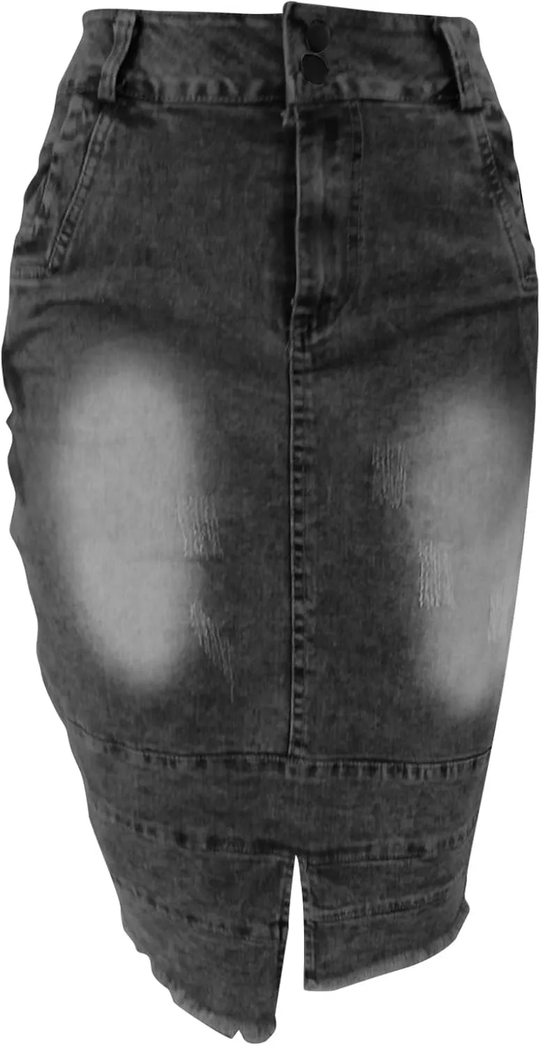 Women's Button Denim Skirts Wrap Bodycon Casual Skirt High Waisted Patchwork Stretch Cute Slit Jean Skirt