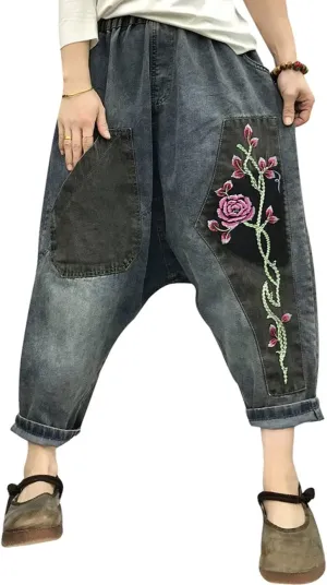Women's Casual Harem Pants Elastic Waist Drop Crotch Denim Jeans