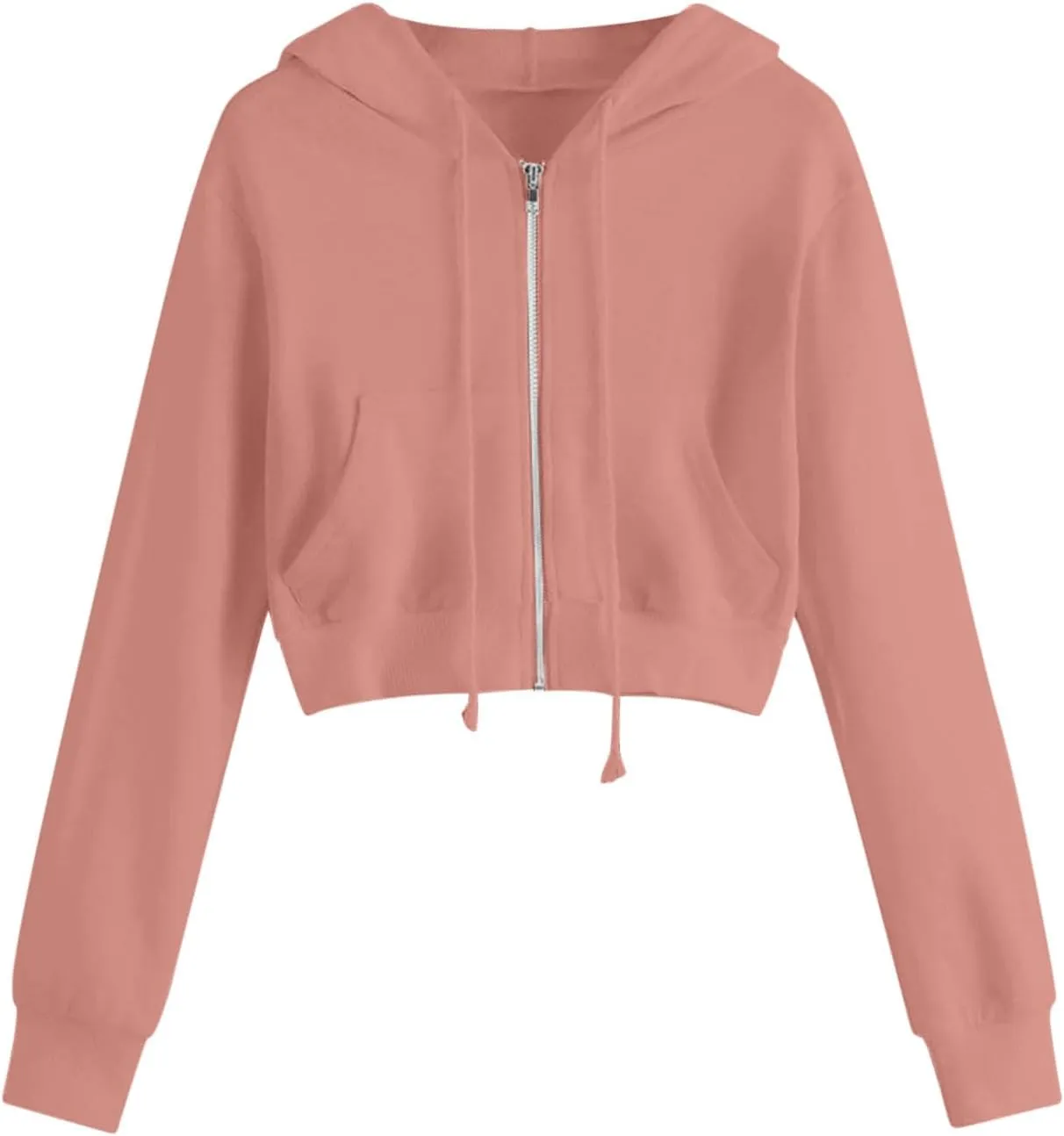 Womens Cropped Hoodies Trendy Fall Solid Drawstring Full Zip Sweatshirts Oversized Long Sleeve Outfits