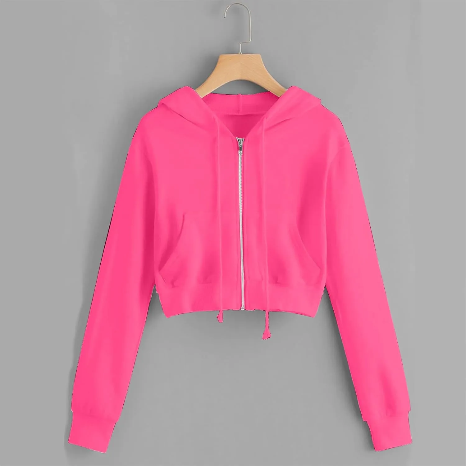 Womens Cropped Hoodies Trendy Fall Solid Drawstring Full Zip Sweatshirts Oversized Long Sleeve Outfits
