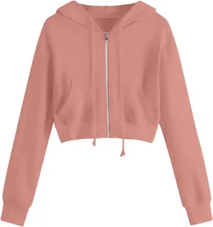 Womens Cropped Hoodies Trendy Fall Solid Drawstring Full Zip Sweatshirts Oversized Long Sleeve Outfits