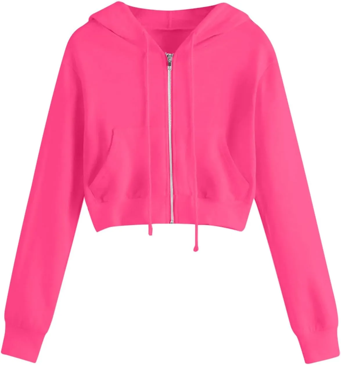 Womens Cropped Hoodies Trendy Fall Solid Drawstring Full Zip Sweatshirts Oversized Long Sleeve Outfits