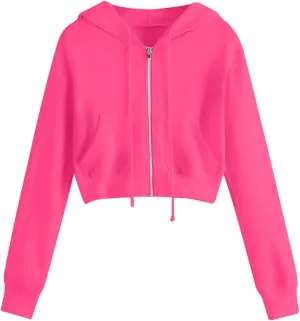 Womens Cropped Hoodies Trendy Fall Solid Drawstring Full Zip Sweatshirts Oversized Long Sleeve Outfits