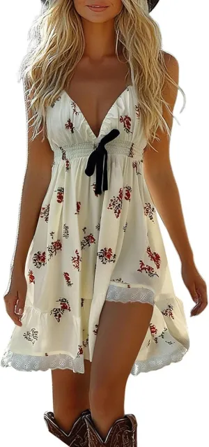 Womens Dresses V Neck Mini Floral Spaghetti Strap Boho Sundress Summer 2025 Tie Knot Front Flowy Pleated Swing Dress