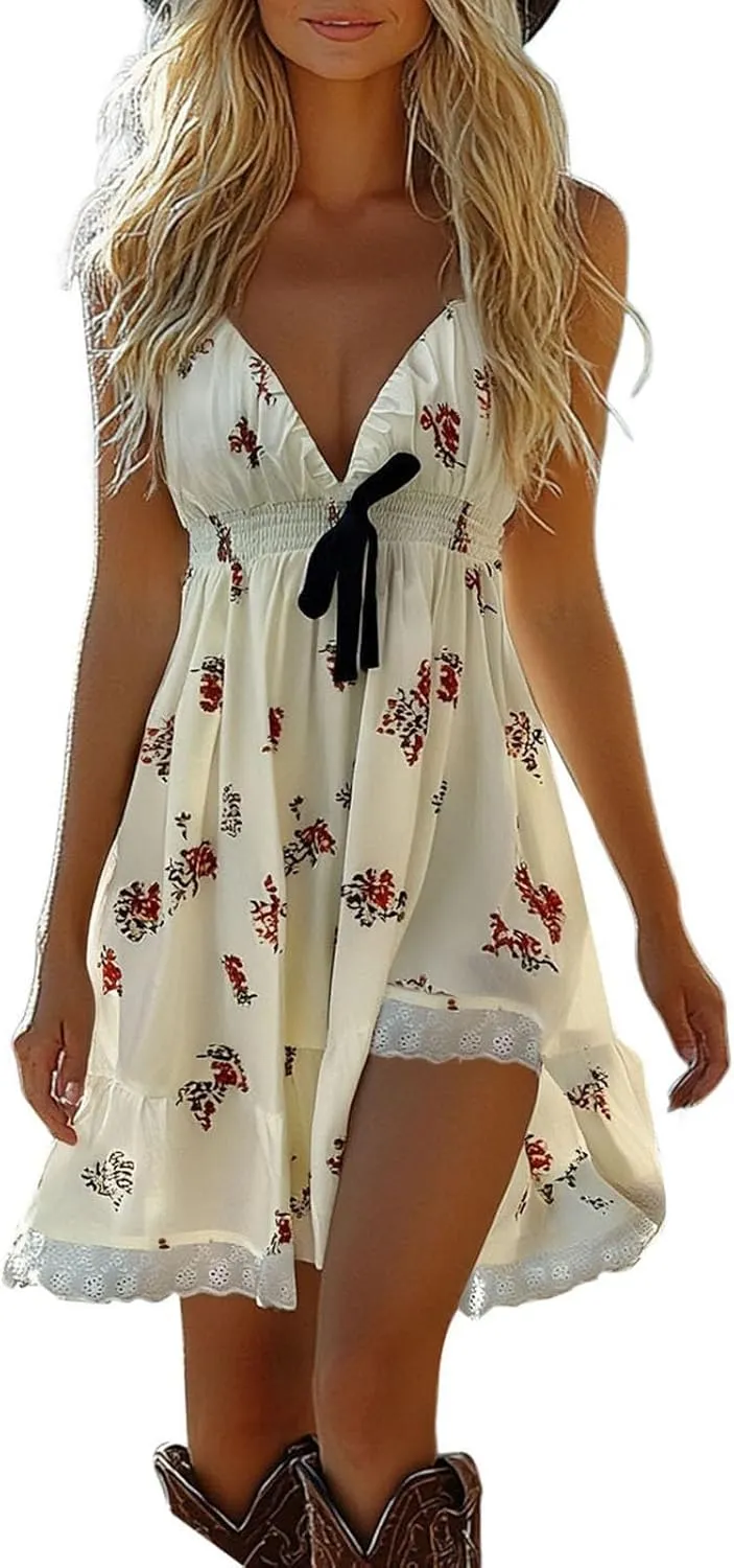 Womens Dresses V Neck Mini Floral Spaghetti Strap Boho Sundress Summer 2025 Tie Knot Front Flowy Pleated Swing Dress