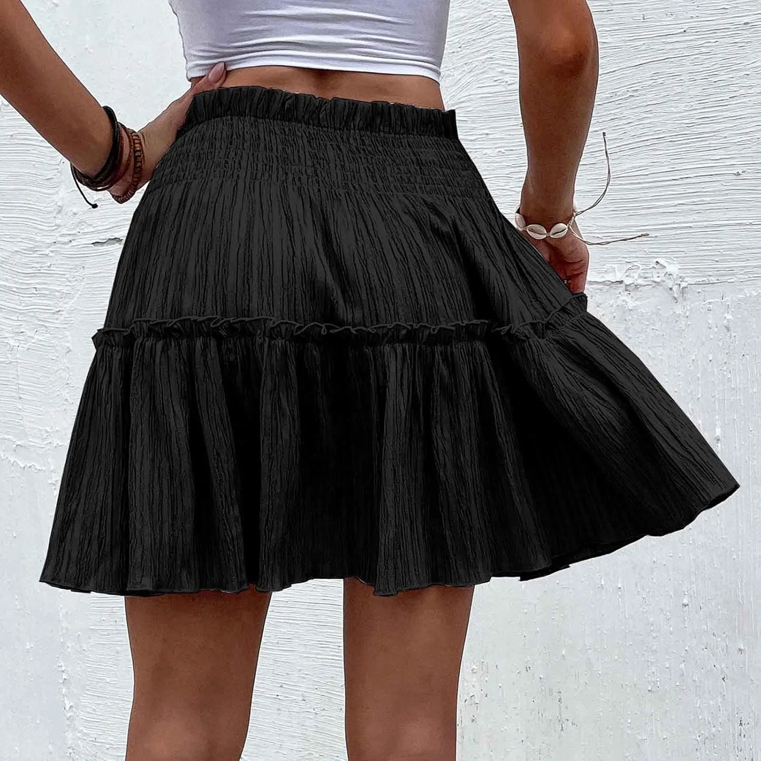 Women's Elastic Waist Pleated Ruffle Mini Skirt Flowy Swing Summer Cute Beach Boho Skirt Solid Color Comfy Skirt