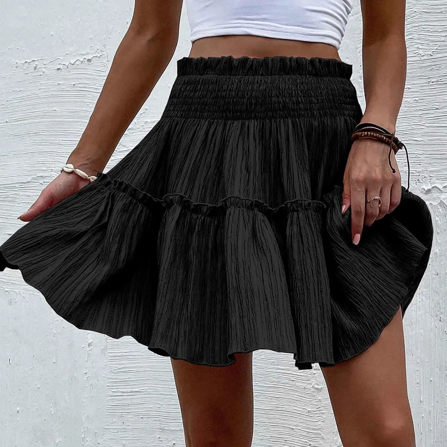 Women's Elastic Waist Pleated Ruffle Mini Skirt Flowy Swing Summer Cute Beach Boho Skirt Solid Color Comfy Skirt