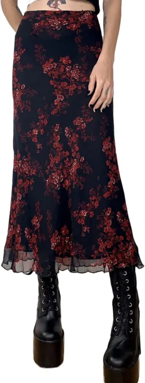 Women's Fairy Grunge Midi Skirt High Waist Vintage A-Line Long Skirt Lace Up Solid Color Y2K Streetwear Clothes (Black, S)