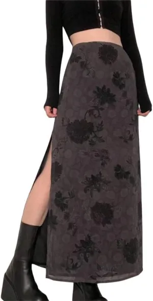 Women's Fairy Grunge Midi Skirt High Waist Vintage A-Line Long Skirt Lace Up Solid Color Y2K Streetwear Clothes (Dark Brown & Flower M)