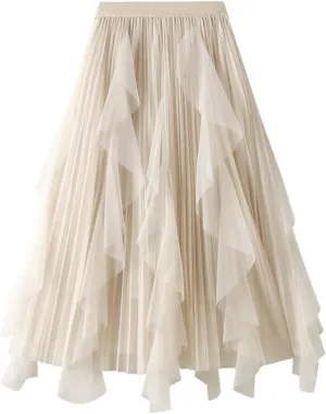Women's Fashion High Waisted Ruffled Mesh Skirt Women's Mid Length Pleated Skirt Boys Skirt
