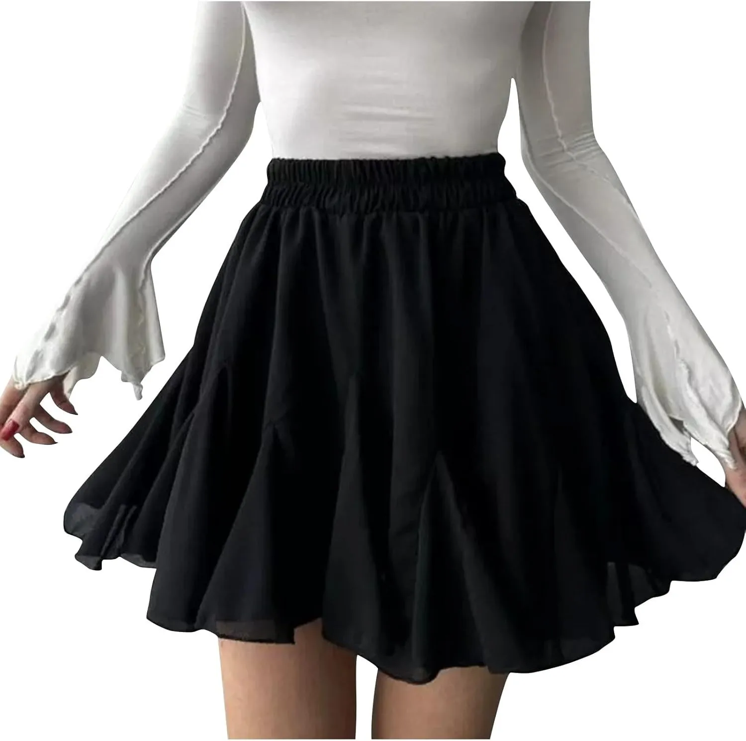 Women's Flowy Pleated Mini Skater Skirt Basic Casual High Waisted Ruffles Flared Skirts Summer Beach Short Skirt