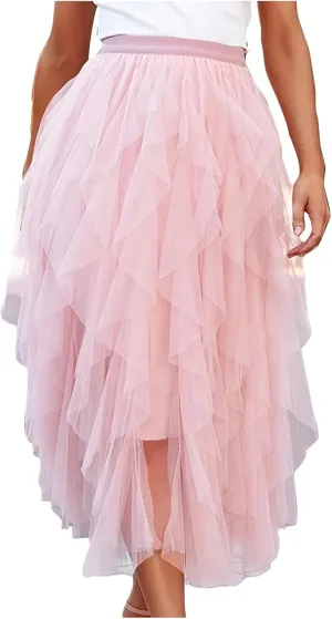 Women's Long A Line Tulle Tutu Skirts Tiered Skirt Petticoat Fairy Mesh Elastic Waist Midi Skirts Holiday Costume