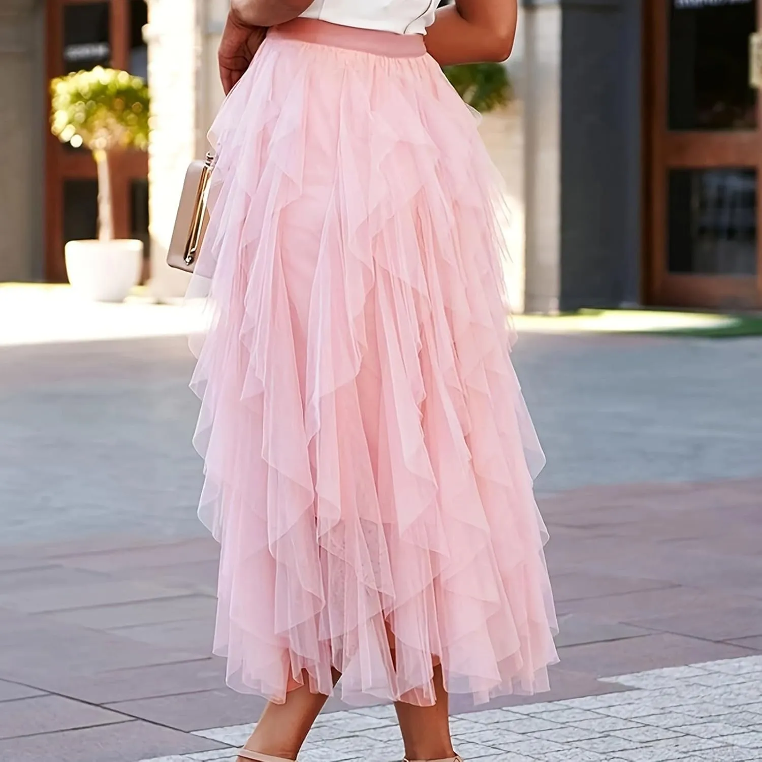 Women's Long A Line Tulle Tutu Skirts Tiered Skirt Petticoat Fairy Mesh Elastic Waist Midi Skirts Holiday Costume